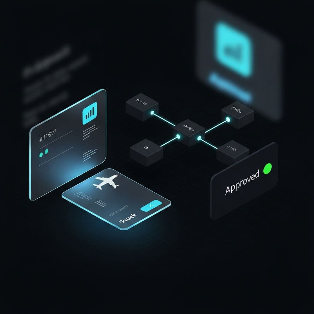 Dark-themed isometric visualization of Fynally's approval workflow: flight itinerary card, policy evaluation nodes connected by cyan light trails, and an approved status card.